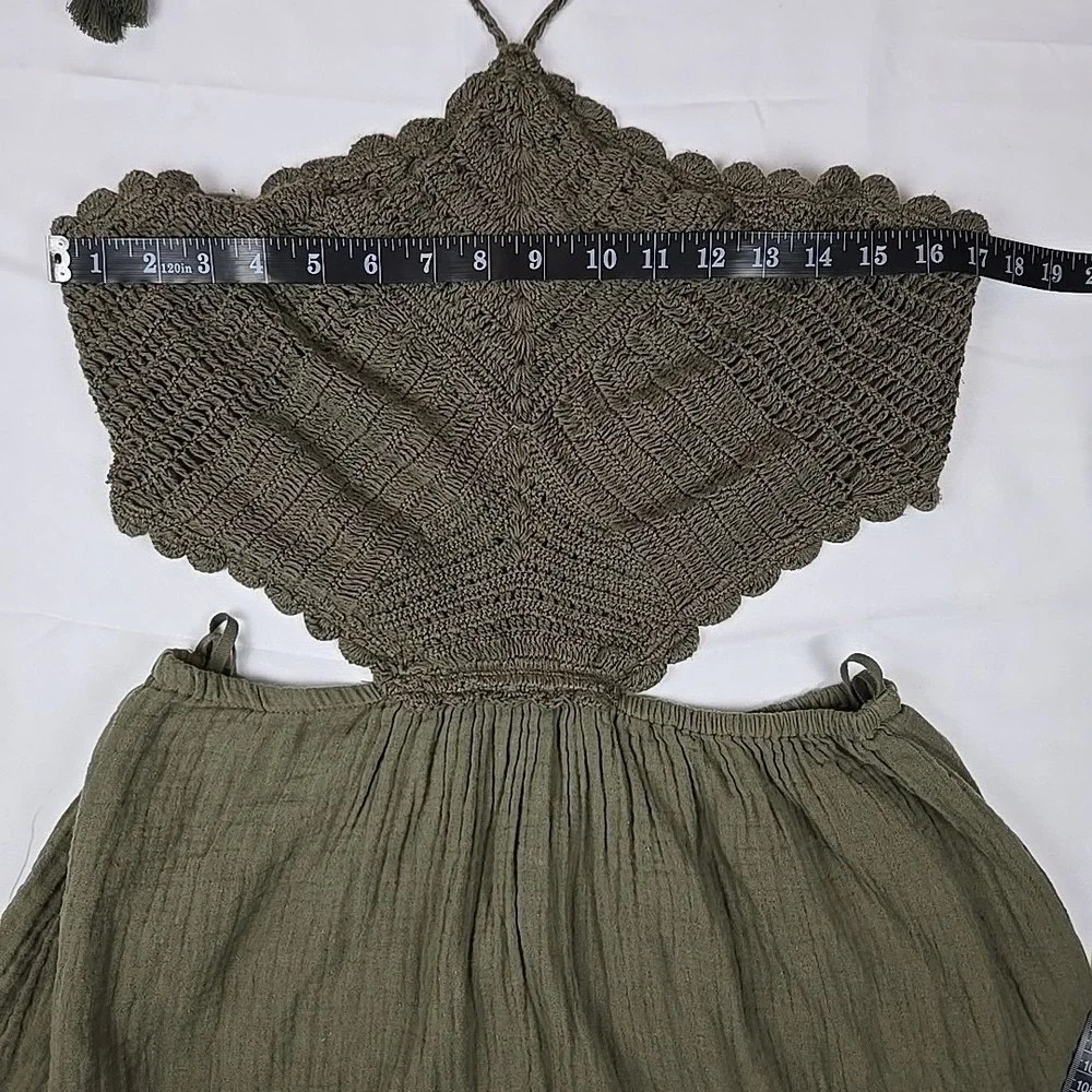 Aerie NEW Crochet Halter Top Gauze Olive Green LARGE Cottagecore Feminine Dress - Picture 6 of 12